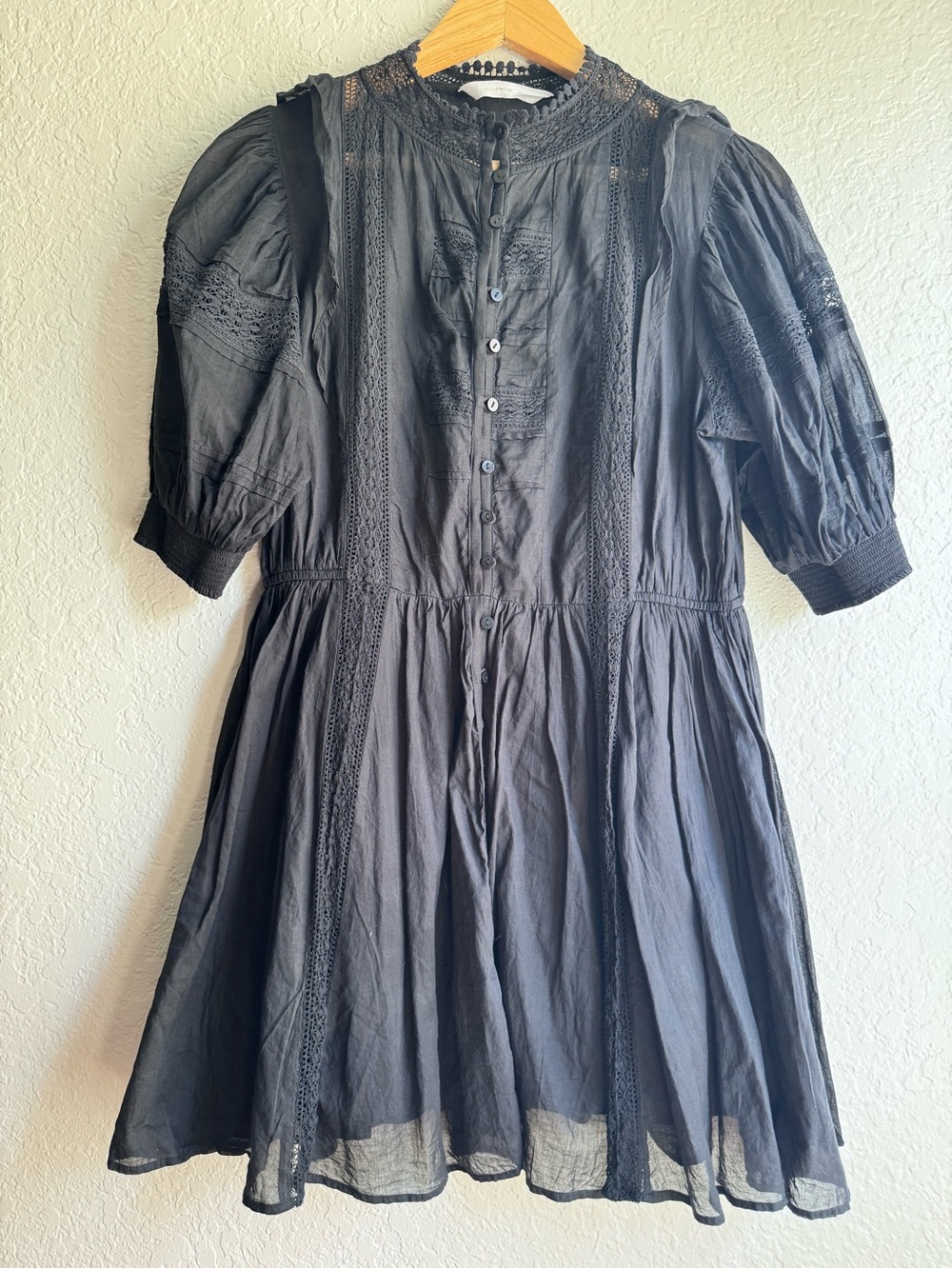Mango Tresi Black Lace Cotton Puff Sleeve Mini Dress Size M
